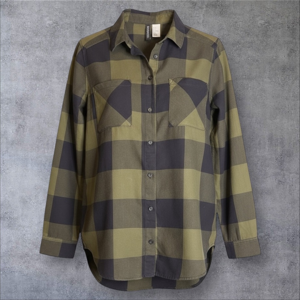 H&M Divided Olive and Black Plaid Button Down Long Sleeve Shirt EPOC size 2
